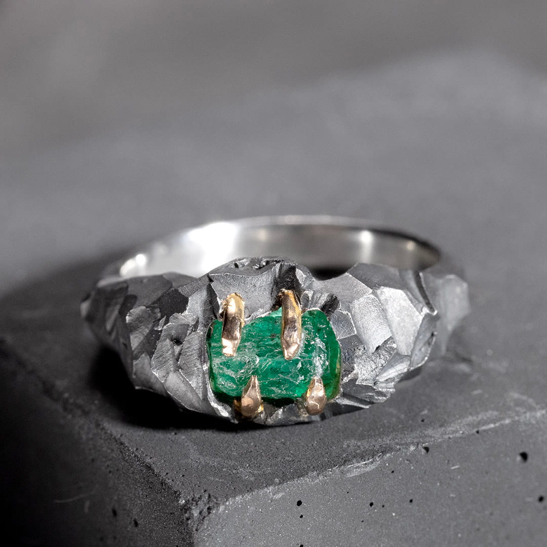 X RUINA BAGUE EN ARGENT, OR ROSE ET EMERAUDE