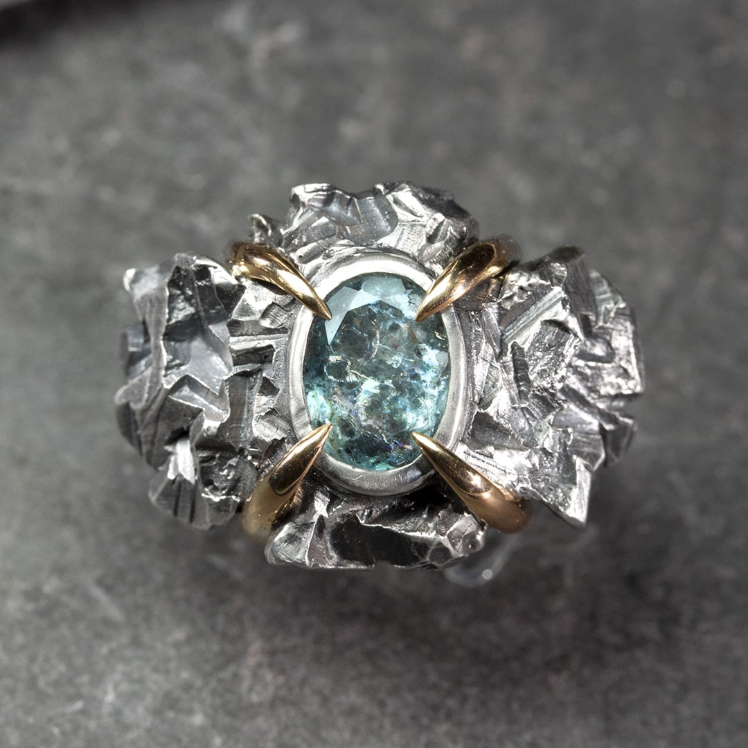 Bague cocktail en argent et or jaune, aigue marine