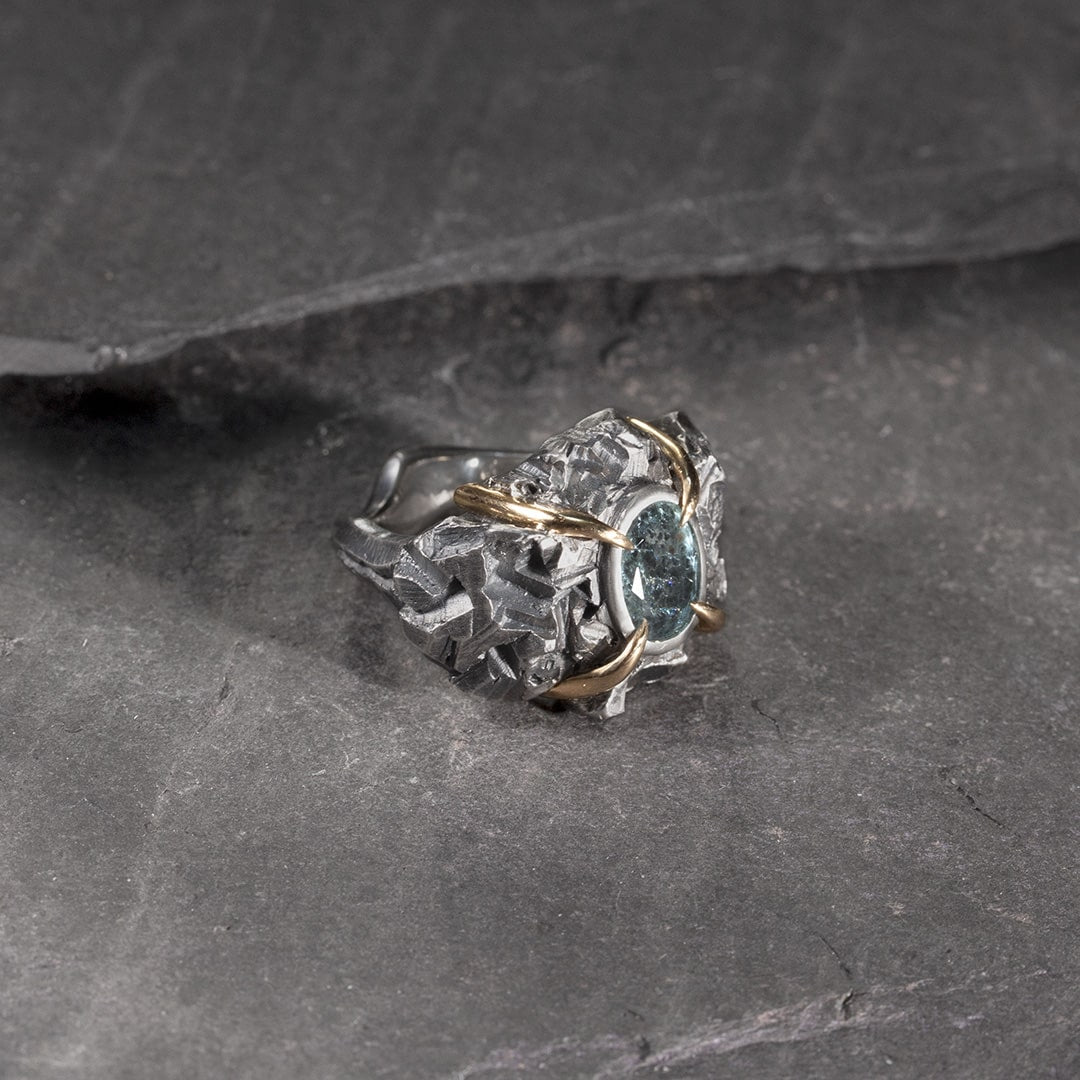 Bague cocktail en argent et or jaune, aigue marine