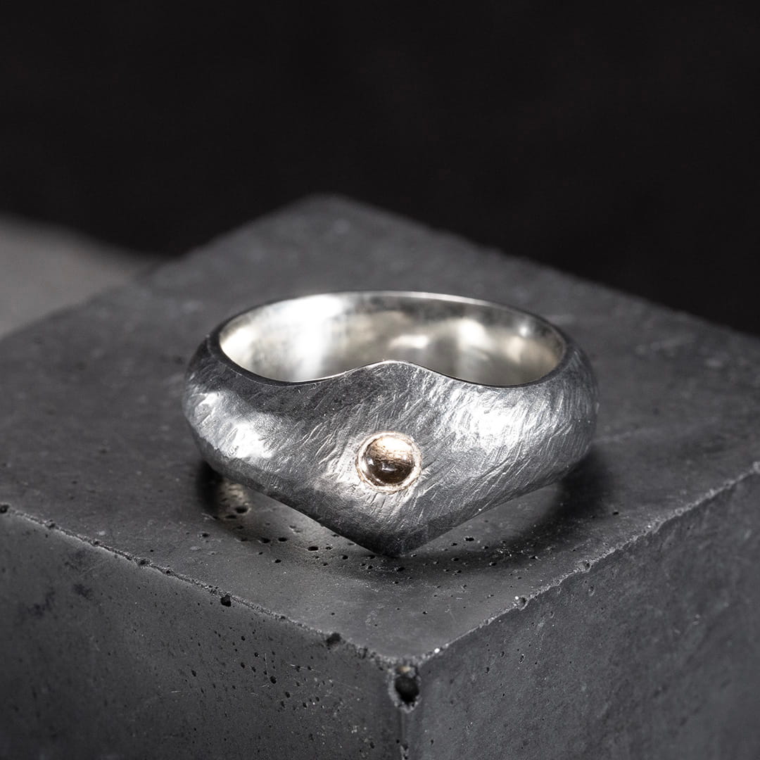 bague originale pour homme en argent noir et quartz fumé