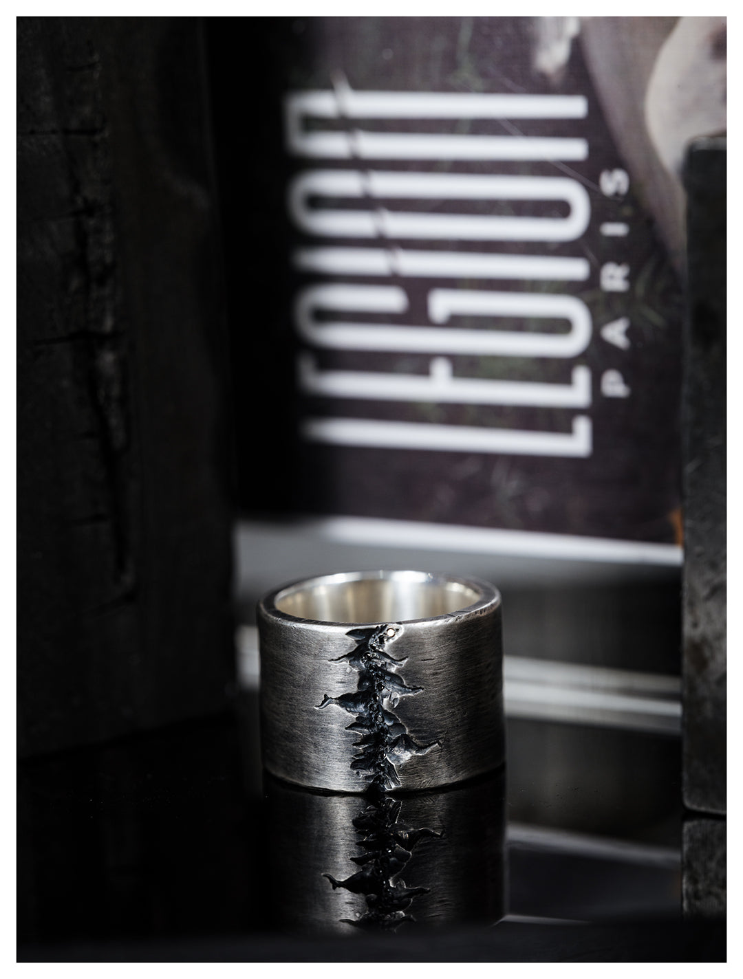 BAGUE LARGE MASSIVE EN ARGENT ET DIAMANT NOIR AVEC UN CANYON