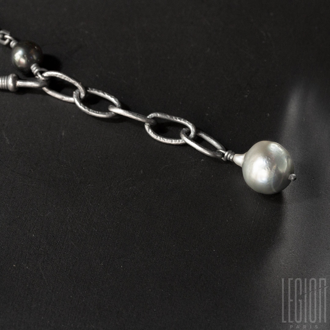 collier pièce unique en argent noir et perles de Tahiti