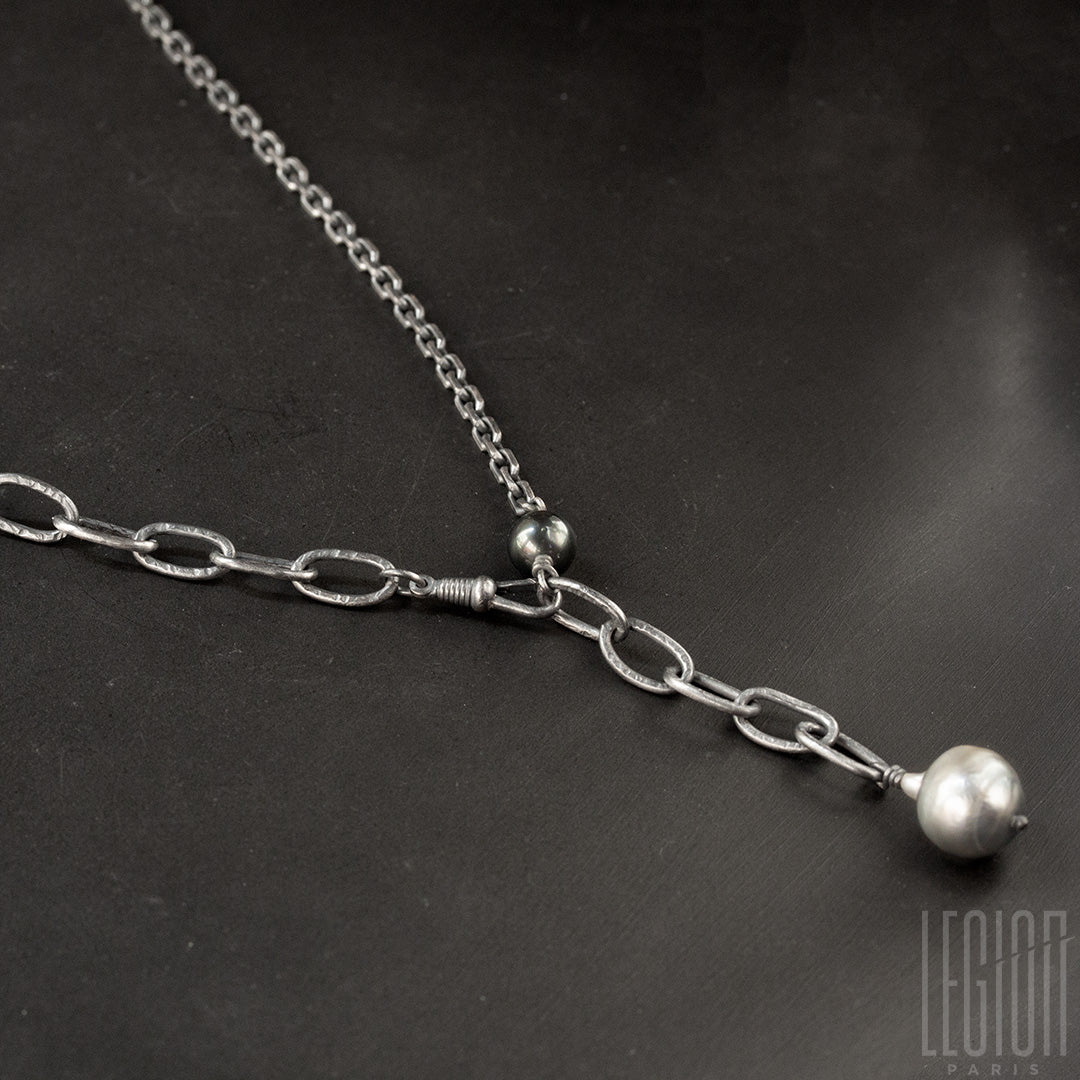 collier pièce unique en argent noir et perles de Tahiti