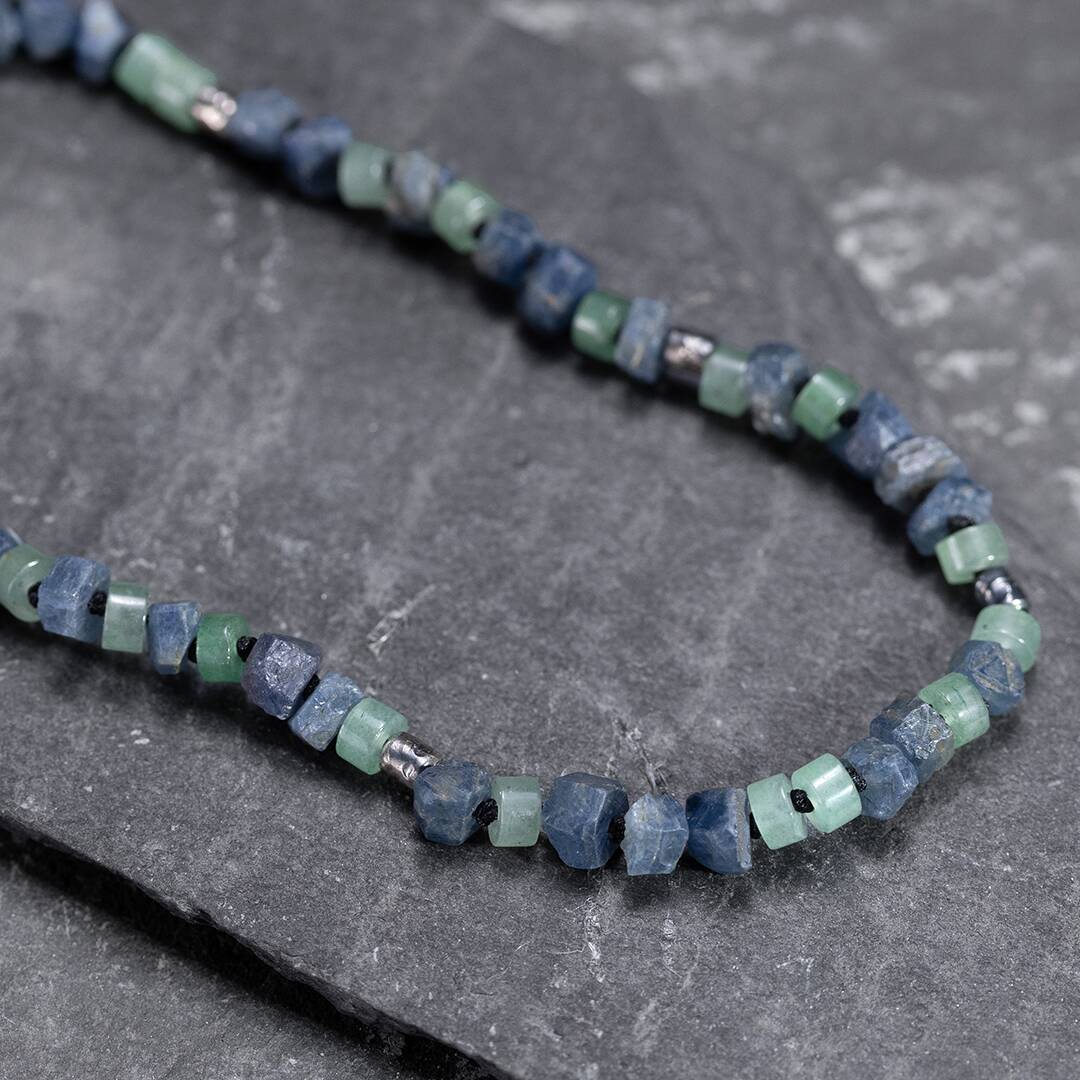 collier perles saphir bleu brut, aventurine et argent