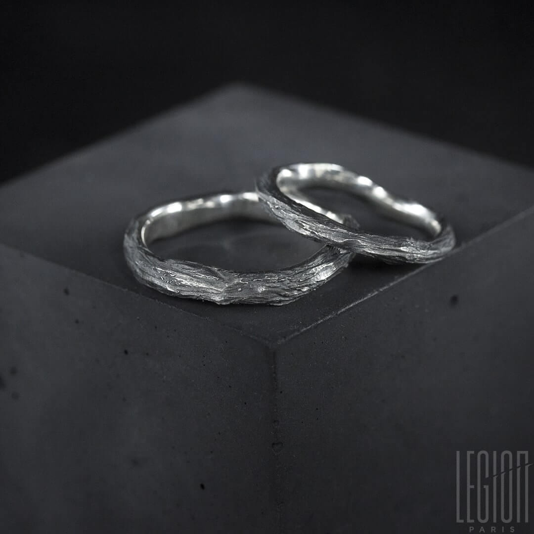 alliances texturées en argent noir 925 pour homme et femme