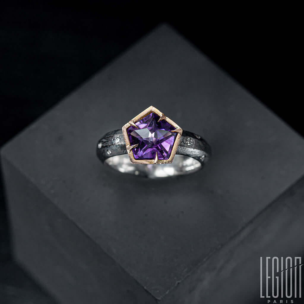 bague cocktail argent or rose amethyste