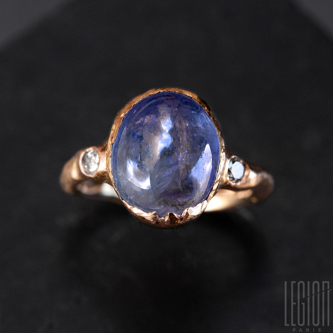 bague de fiançailles, pièce unique, or rouge, Tanzanite, diamants gris