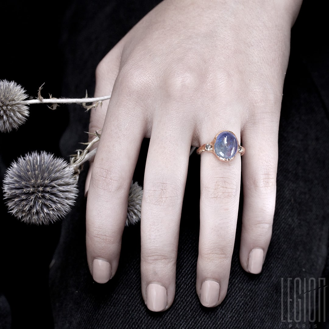 bague de fiançailles, pièce unique, or rouge, Tanzanite, diamants gris