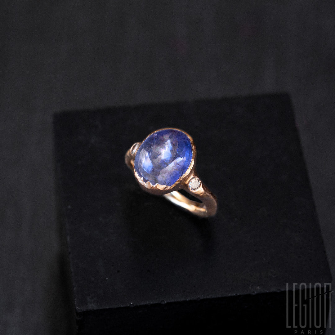 bague de fiançailles, pièce unique, or rouge, Tanzanite, diamants gris