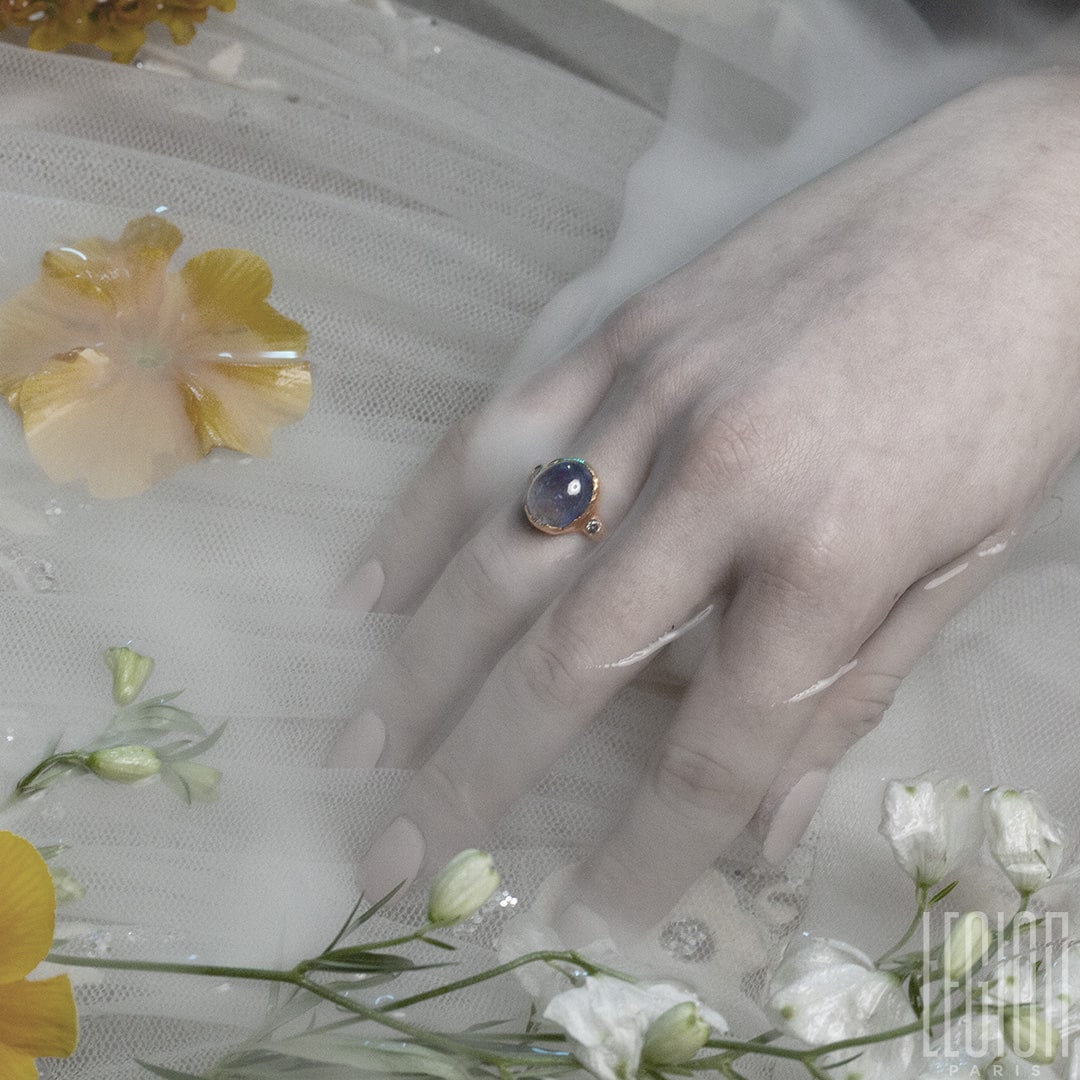 bague de fiançailles, pièce unique, or rouge, Tanzanite, diamants gris