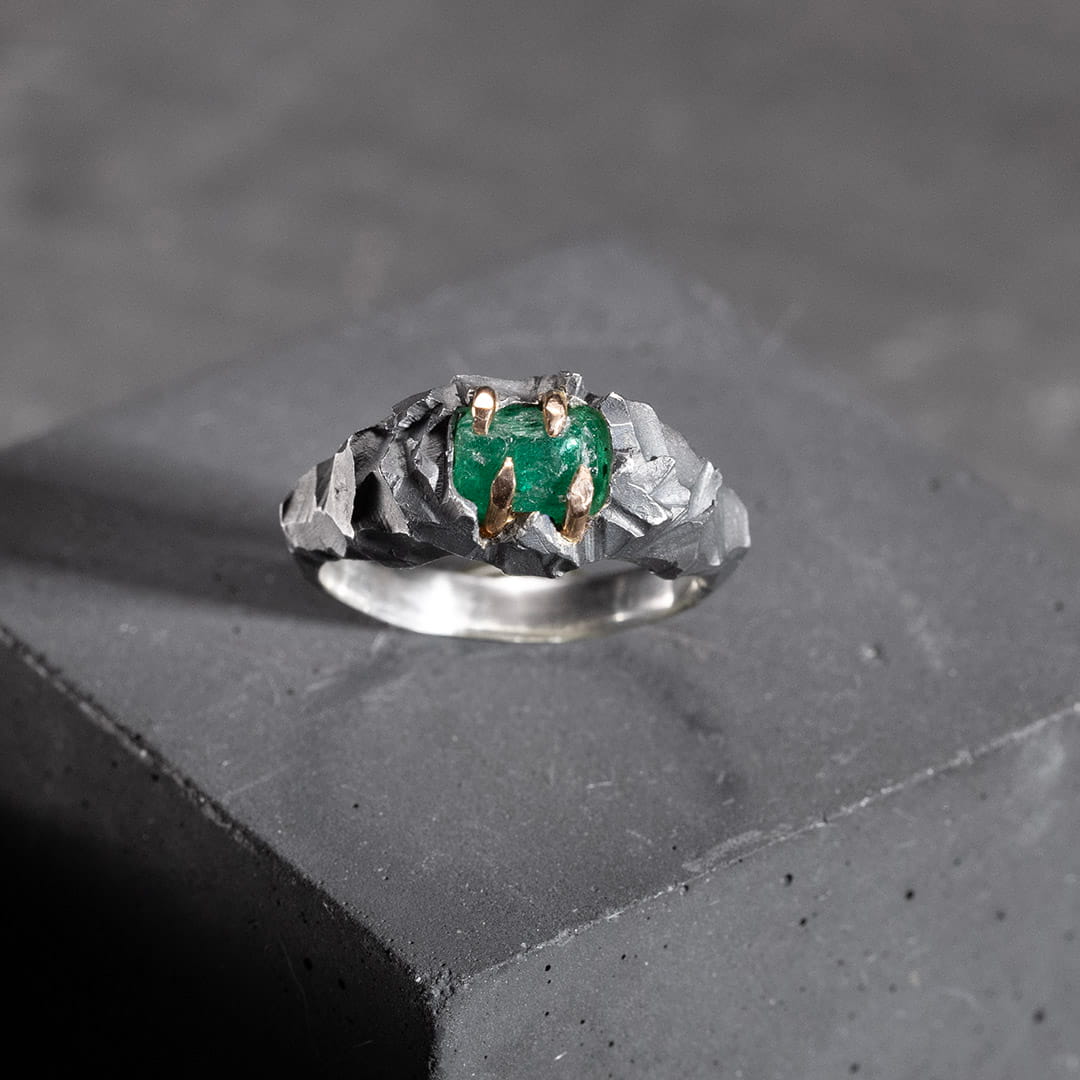 X RUINA BAGUE EN ARGENT, OR ROSE ET EMERAUDE