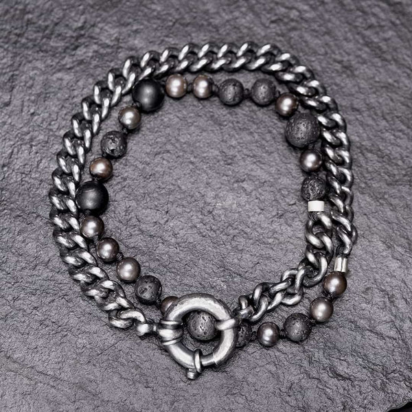 bracelet deux tours en argent noir et perles noires