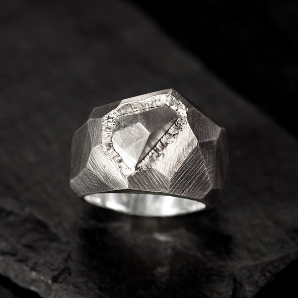 large massive silver and meteorite ring