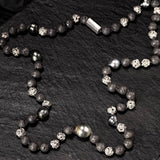 necklace in silver, lava and Tahiti pearls