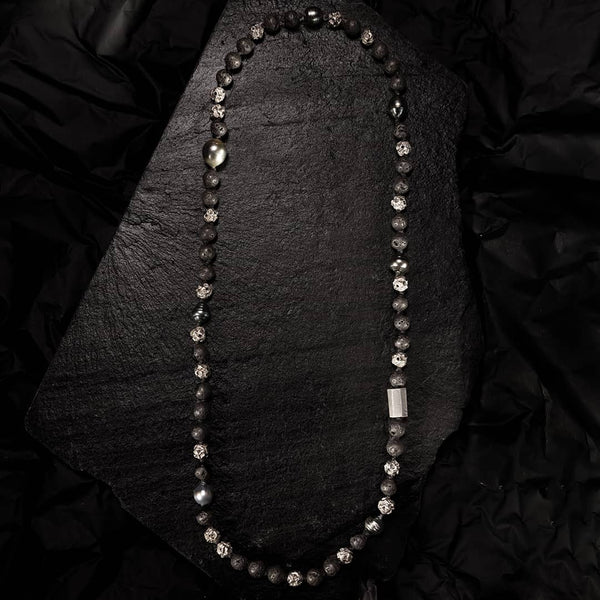 necklace with silver, lava and tahitian pearls