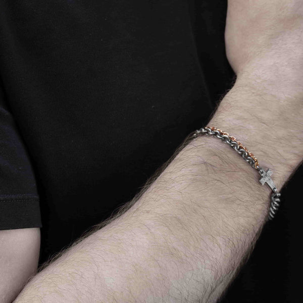 bracelet for men in black silver and rose gold with a cross