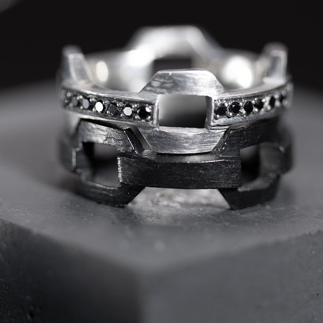 ensemble de bagues originales pour homme en argent et diamants noirs