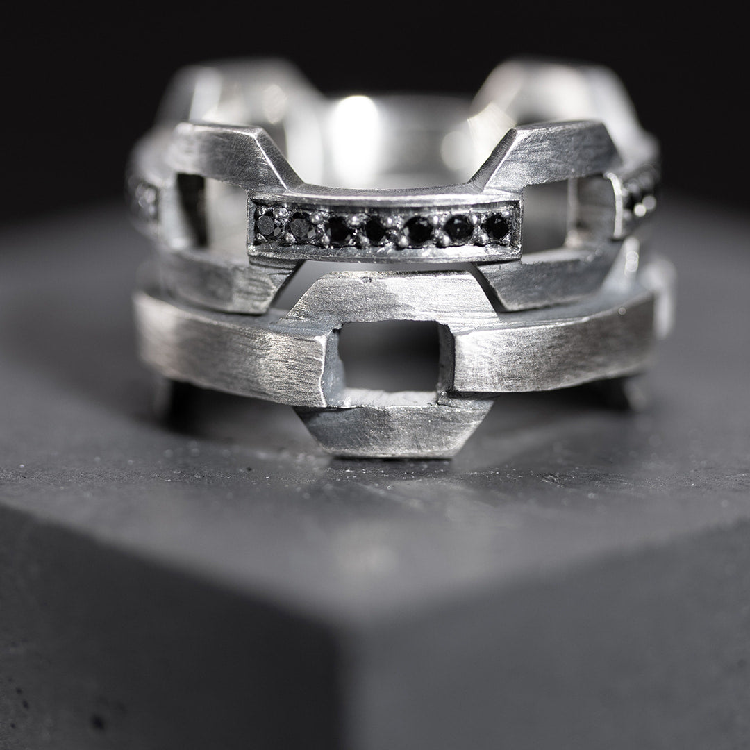 ensemble de bagues originales pour homme en argent et diamants noirs