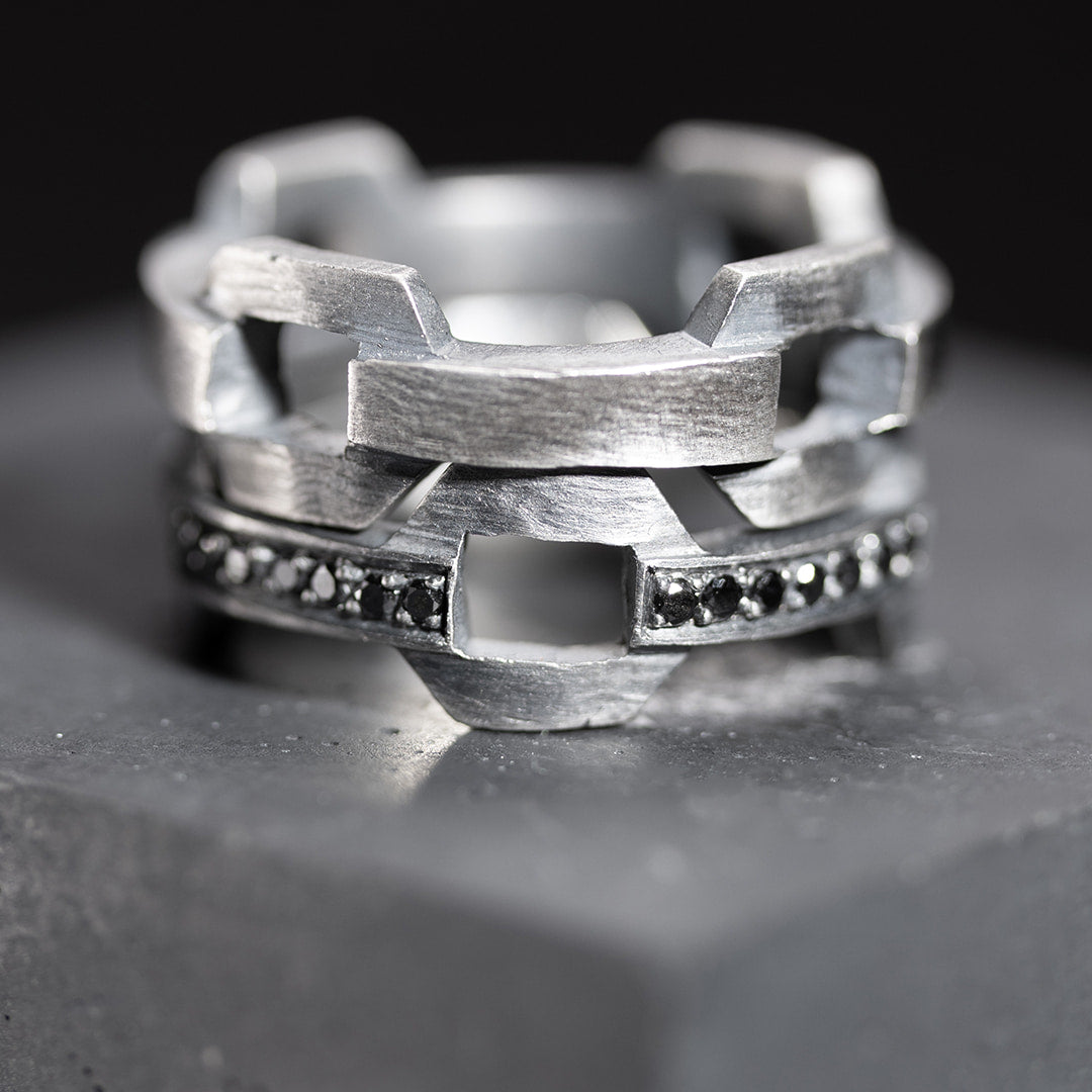 ensemble de bagues originales pour homme en argent et diamants noirs