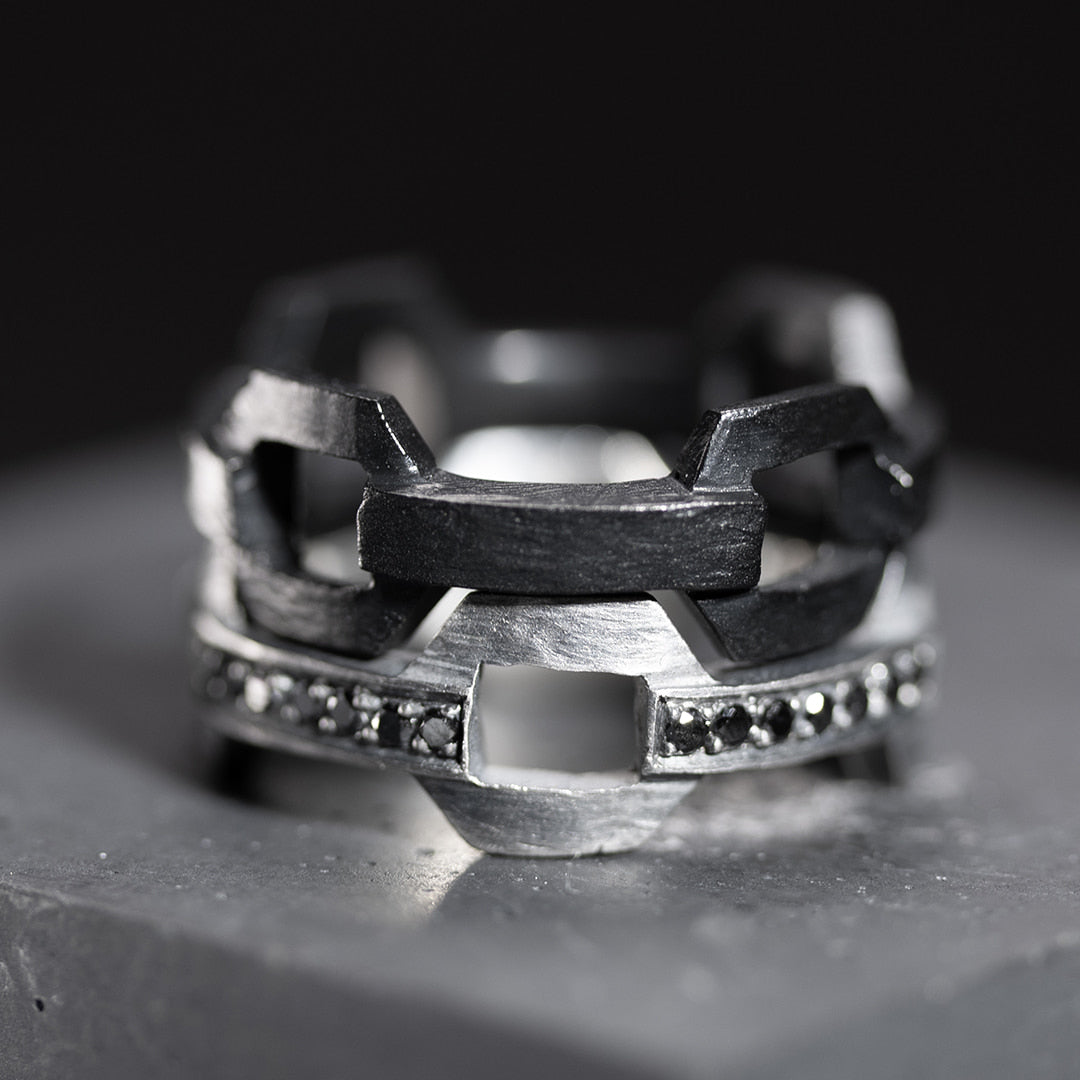 ensemble de bagues originales en argent noir et diamant noir