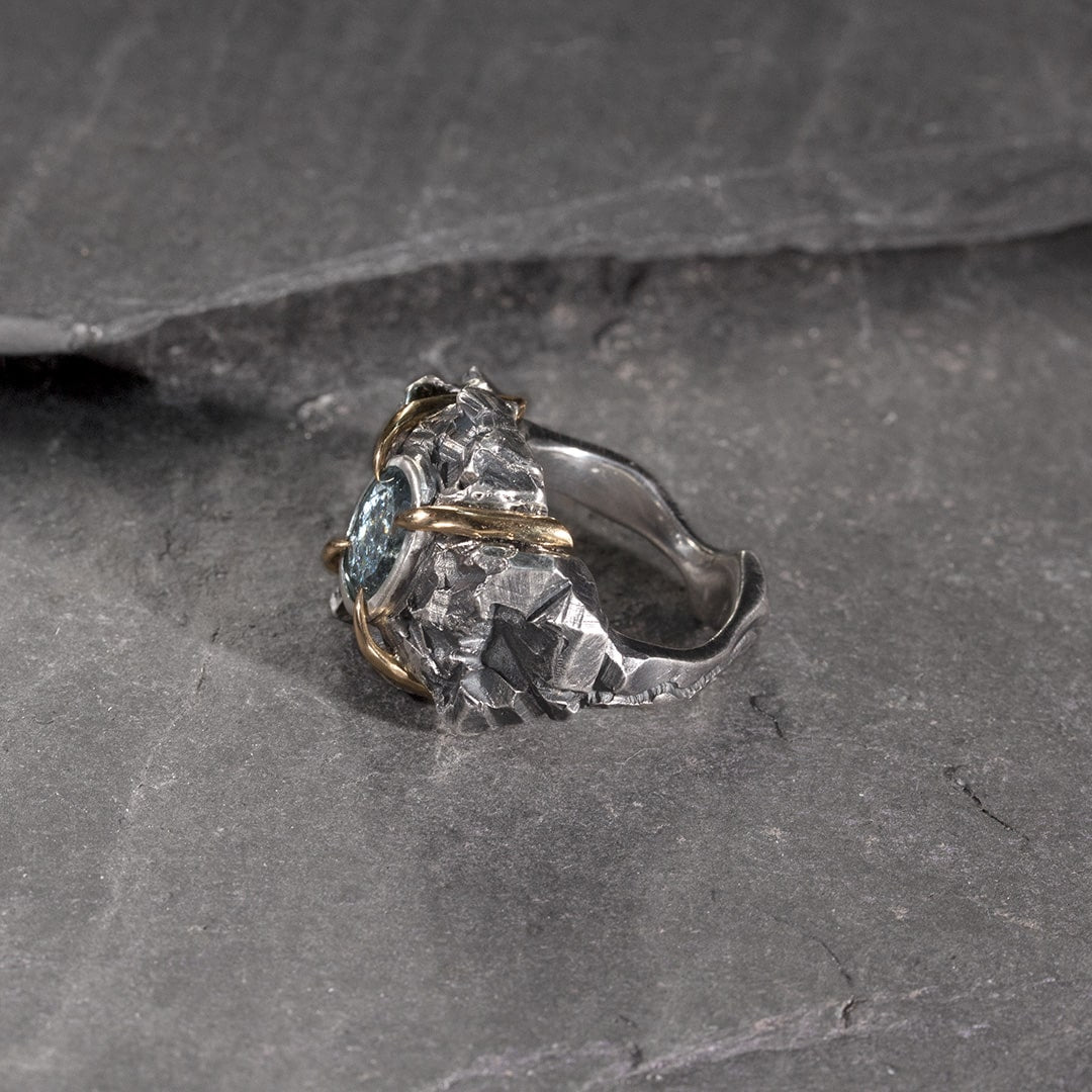 Bague cocktail en argent et or jaune, aigue marine