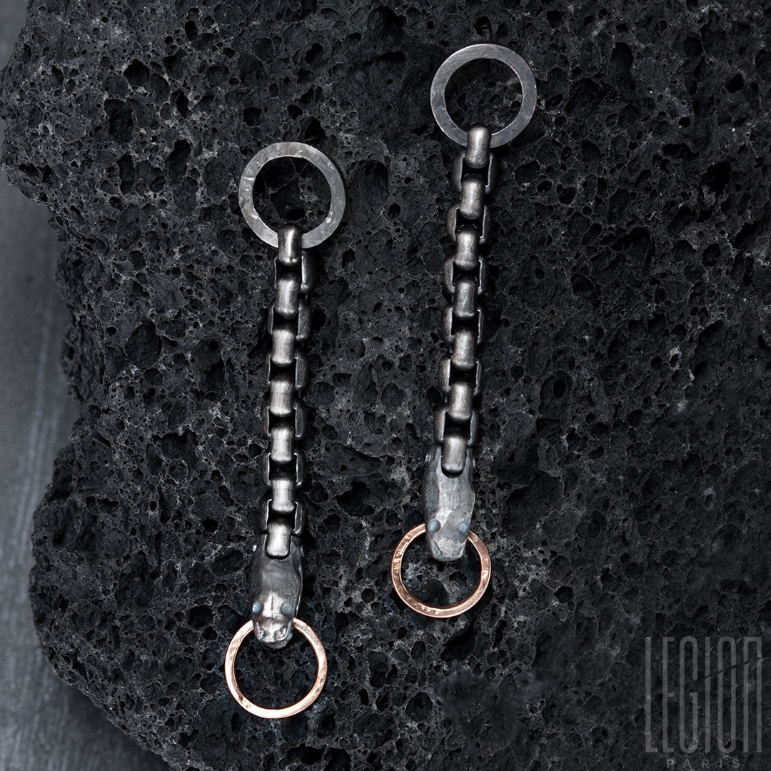 boucles d'oreilles en argent noir et or rouge représentant un corps de serpent