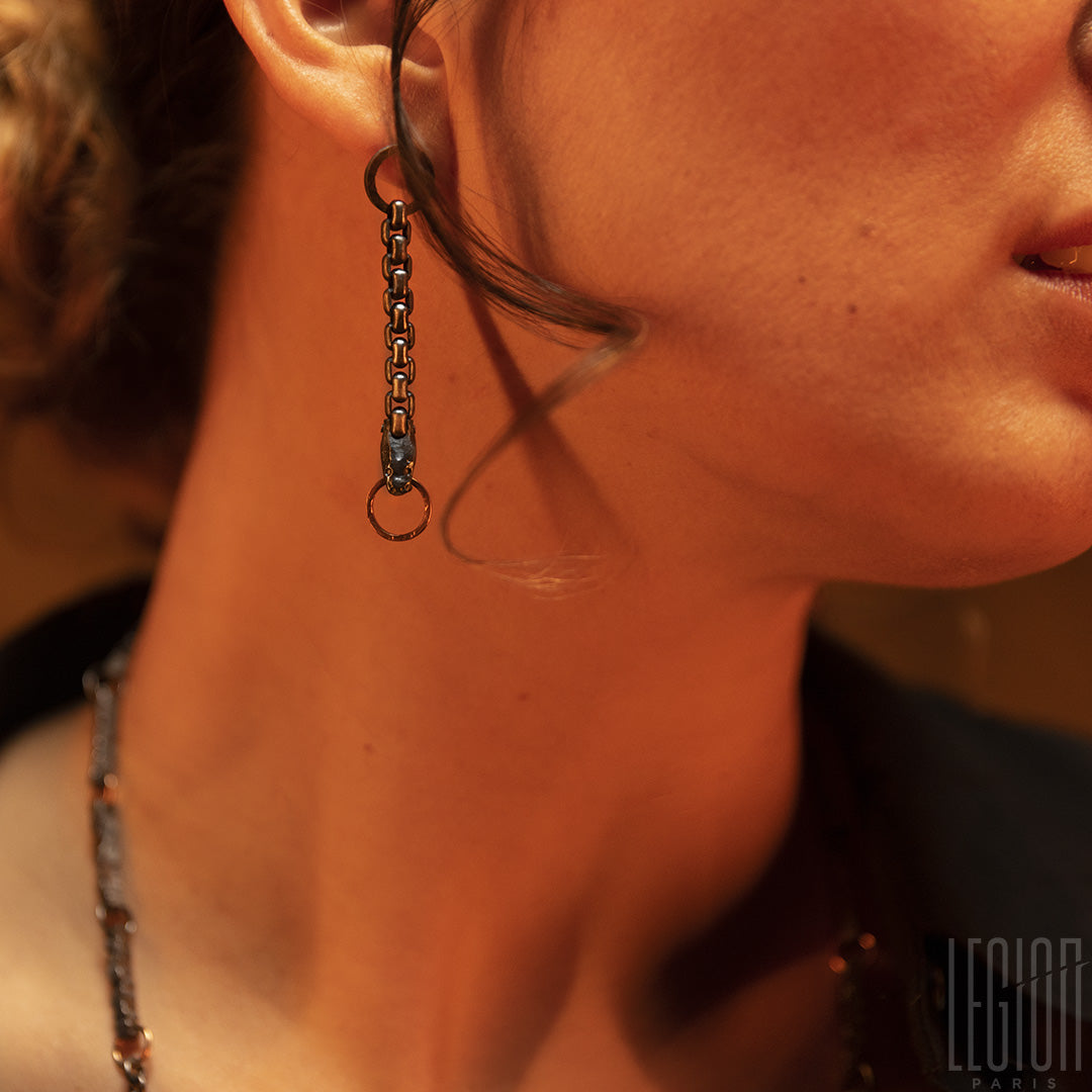 boucles d'oreilles en argent noir et or rouge représentant un corps de serpent