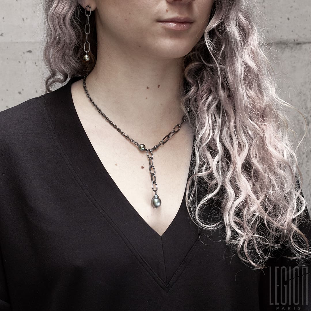 collier pièce unique en argent noir et perles de Tahiti