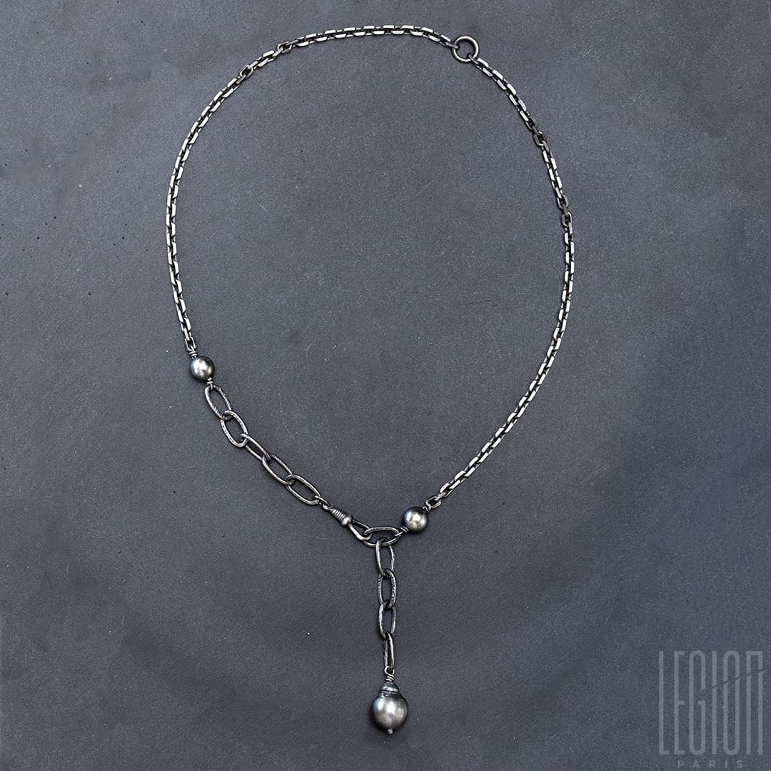 collier pièce unique en argent noir et perles de Tahiti